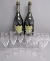 2 Dom Perignon Moet & Chandon sealed display bottles with 6 Dom Perignon Champagne flutes