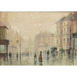 Framed watercolour signed Leon Rowe 1913 of an Edwardian drizzly street scene