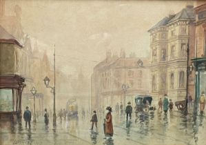 Framed watercolour signed Leon Rowe 1913 of an Edwardian drizzly street scene