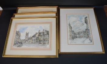 4 x Derek Abel framed pictures Spalding, St Martins Stamford, High Street Stamford & Mill Pond