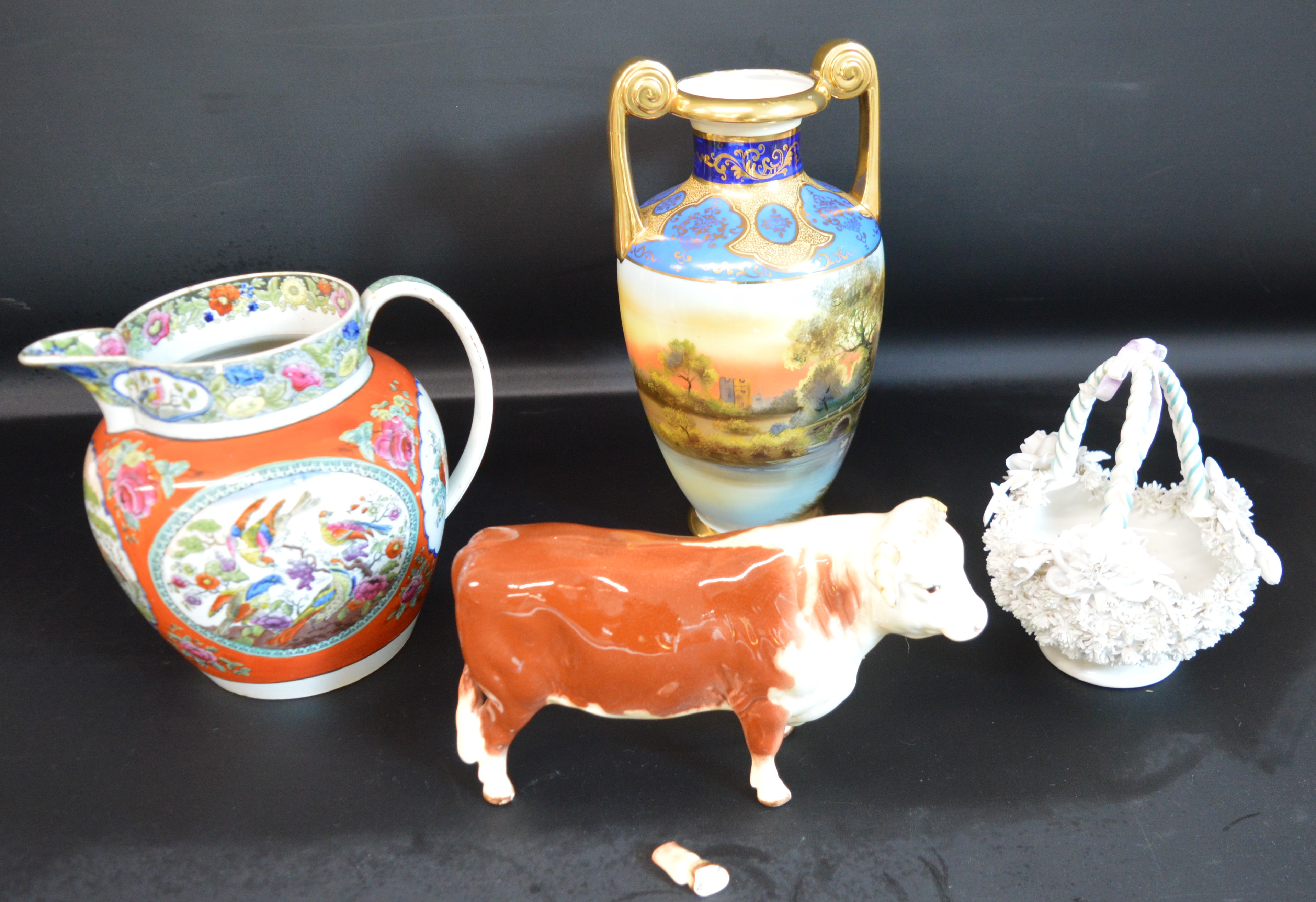 Noritake hand painted vase, large pearl ware transfer printed jug, floral encrusted basket & Beswick