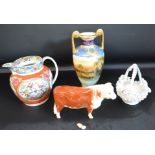 Noritake hand painted vase, large pearl ware transfer printed jug, floral encrusted basket & Beswick
