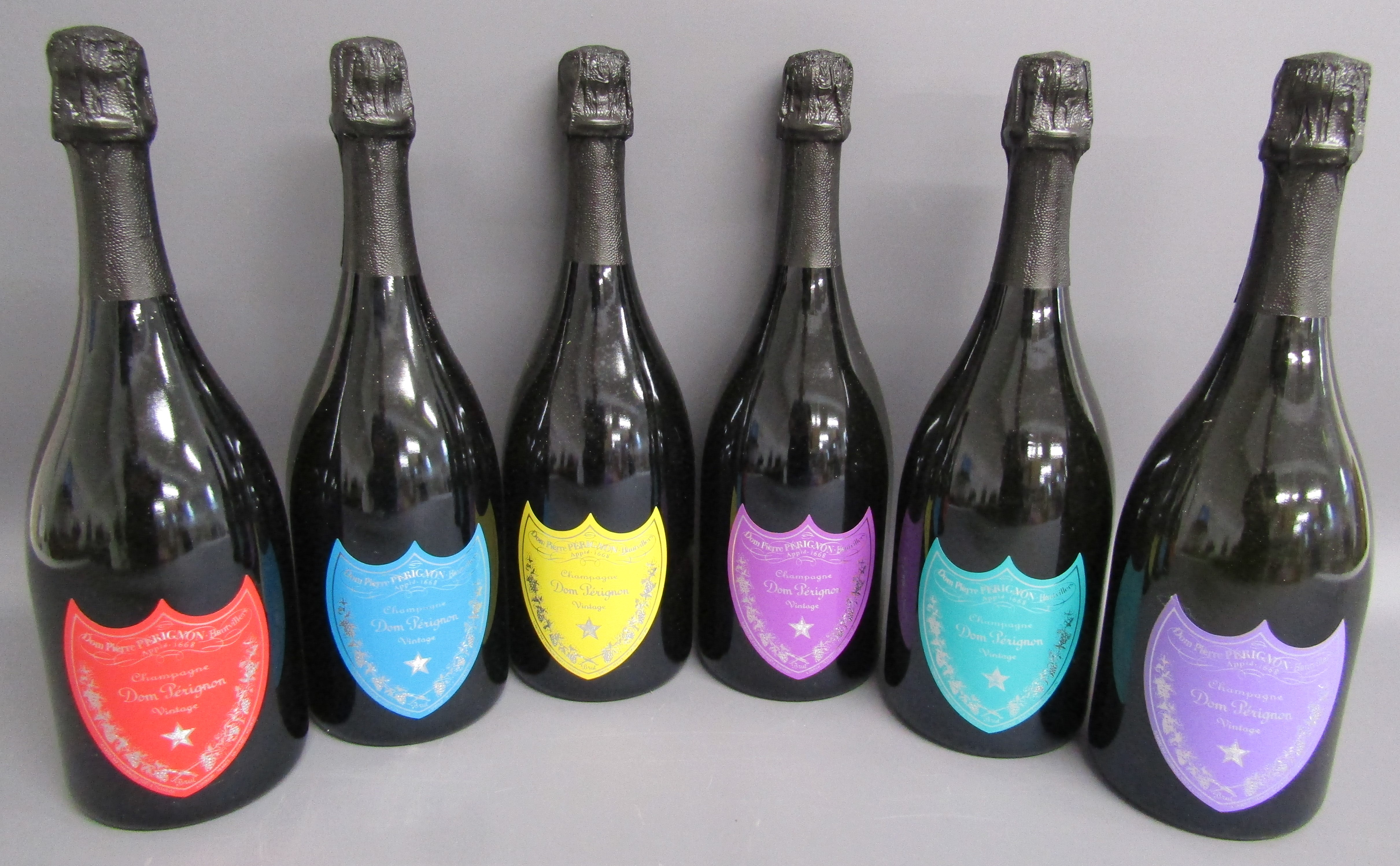 Set of 6 Andy Warhol Tribute Collection Dom Perignon display bottles (empty)