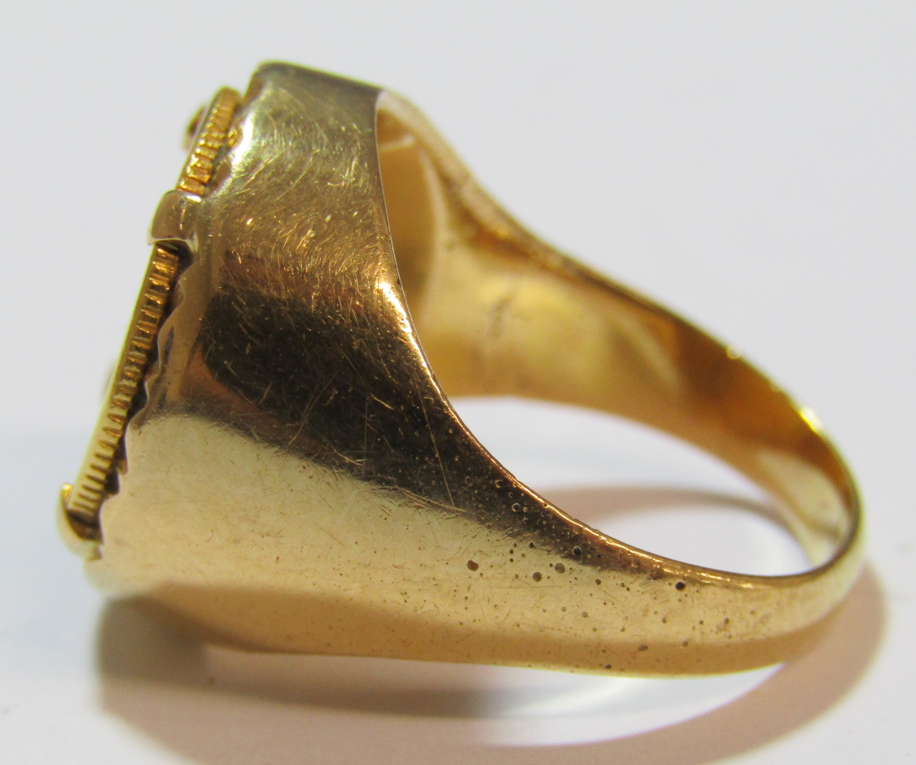 Tested as 9ct gold ring mounted with 22ct Phalavi Mohammad Reza Shah Iran gold quarter - ring size N - Image 2 of 6
