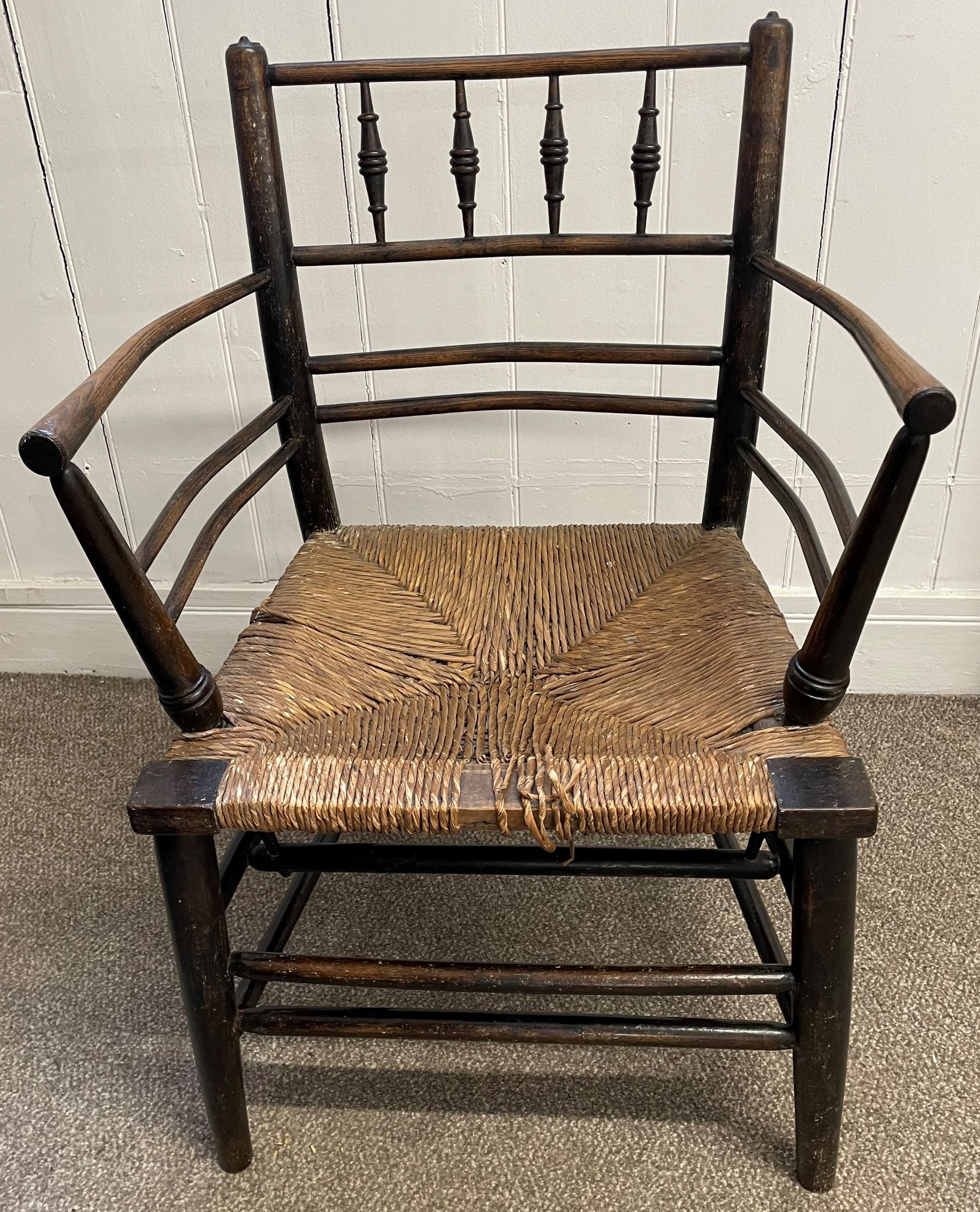 Pair of 19th century William Morris Sussex Carver chairs in ebonised beech & elm with rush seats. - Image 4 of 5