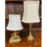 Gilt plaster table lamp in the form of a boy riding a swan & a gilded metal column table lamp