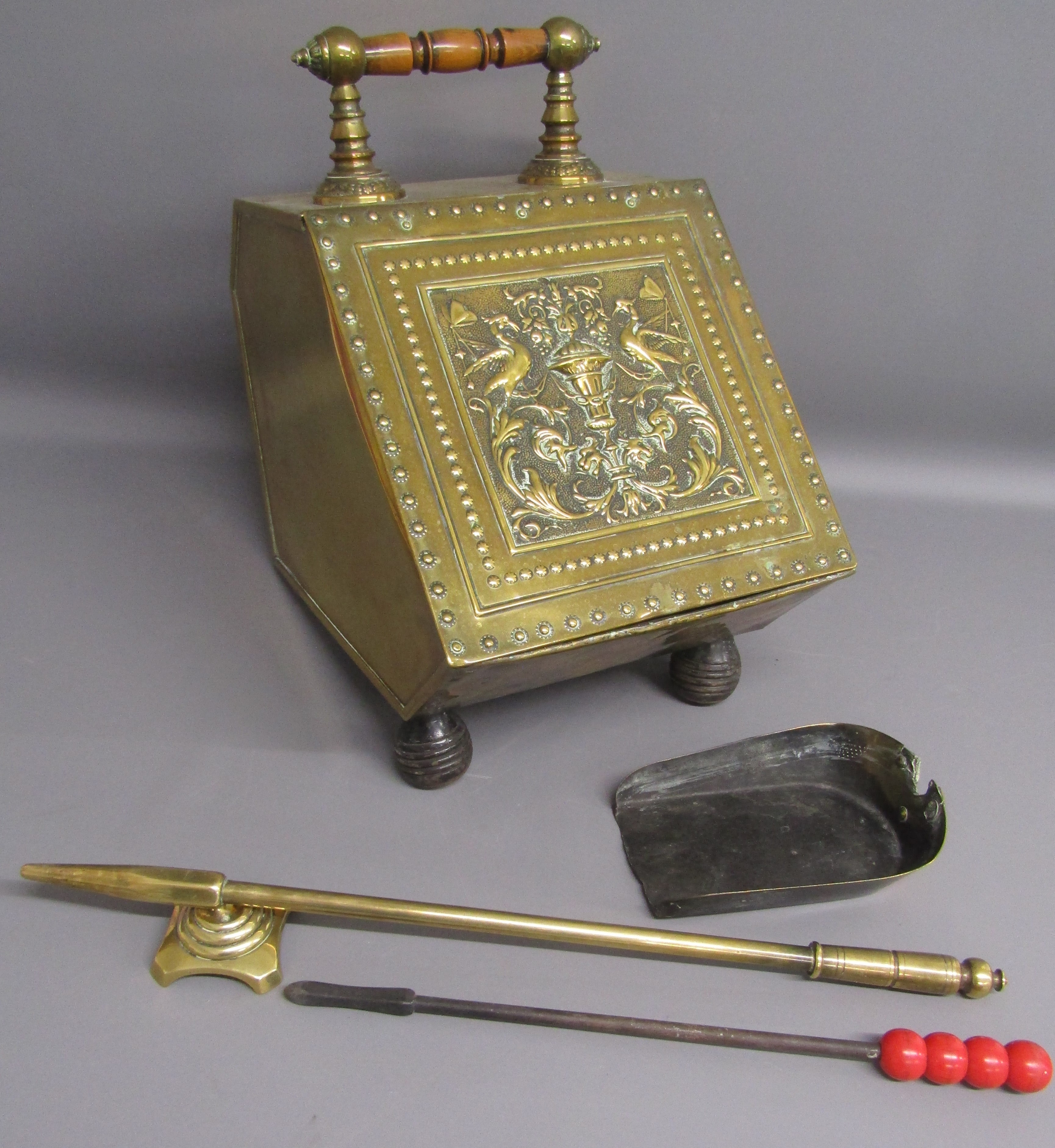 Brass coal bucket with poker and poker stand