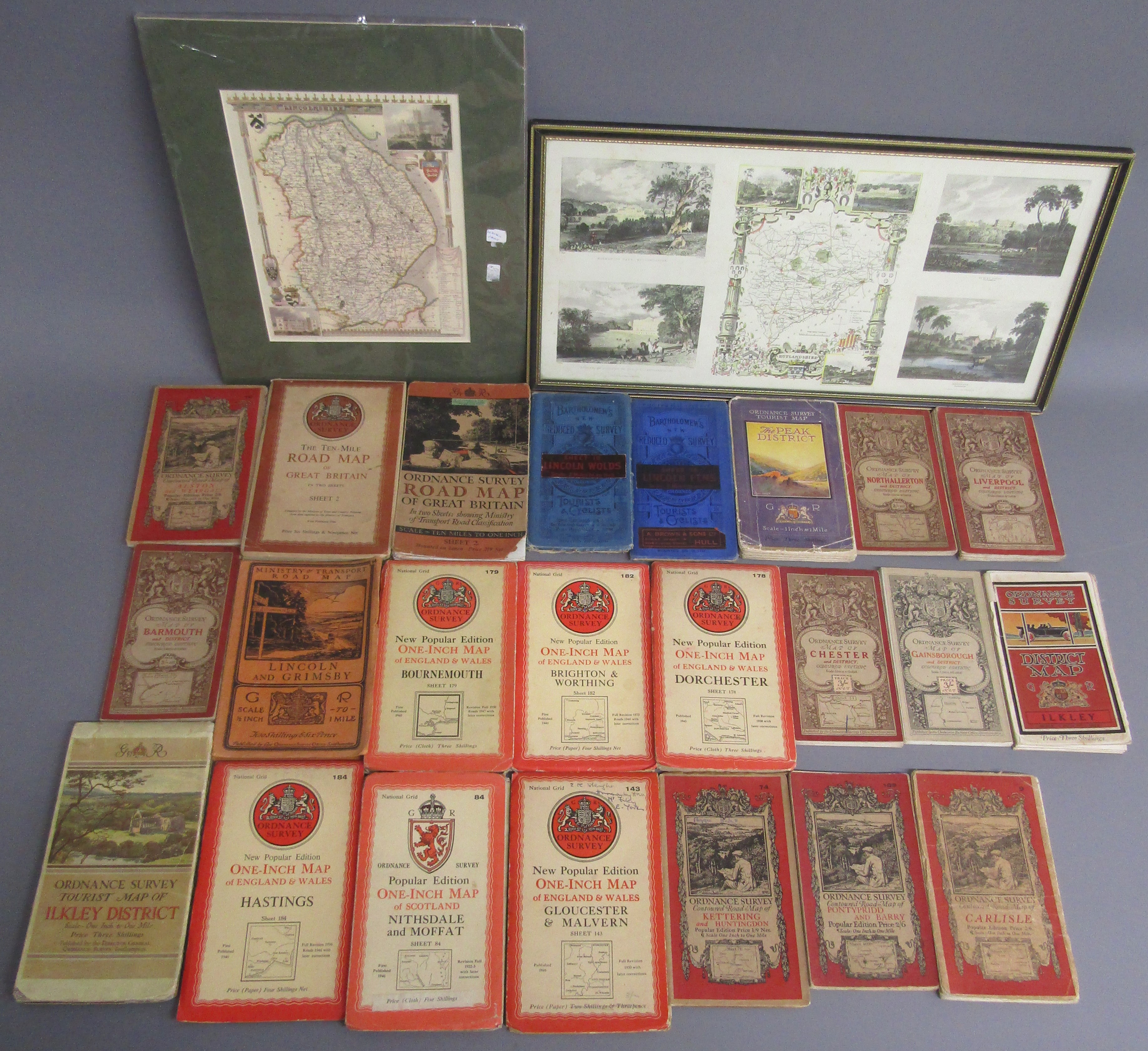 Collection of Ordnance survey maps, framed Rutlandshire print and mounted Lincolnshire map