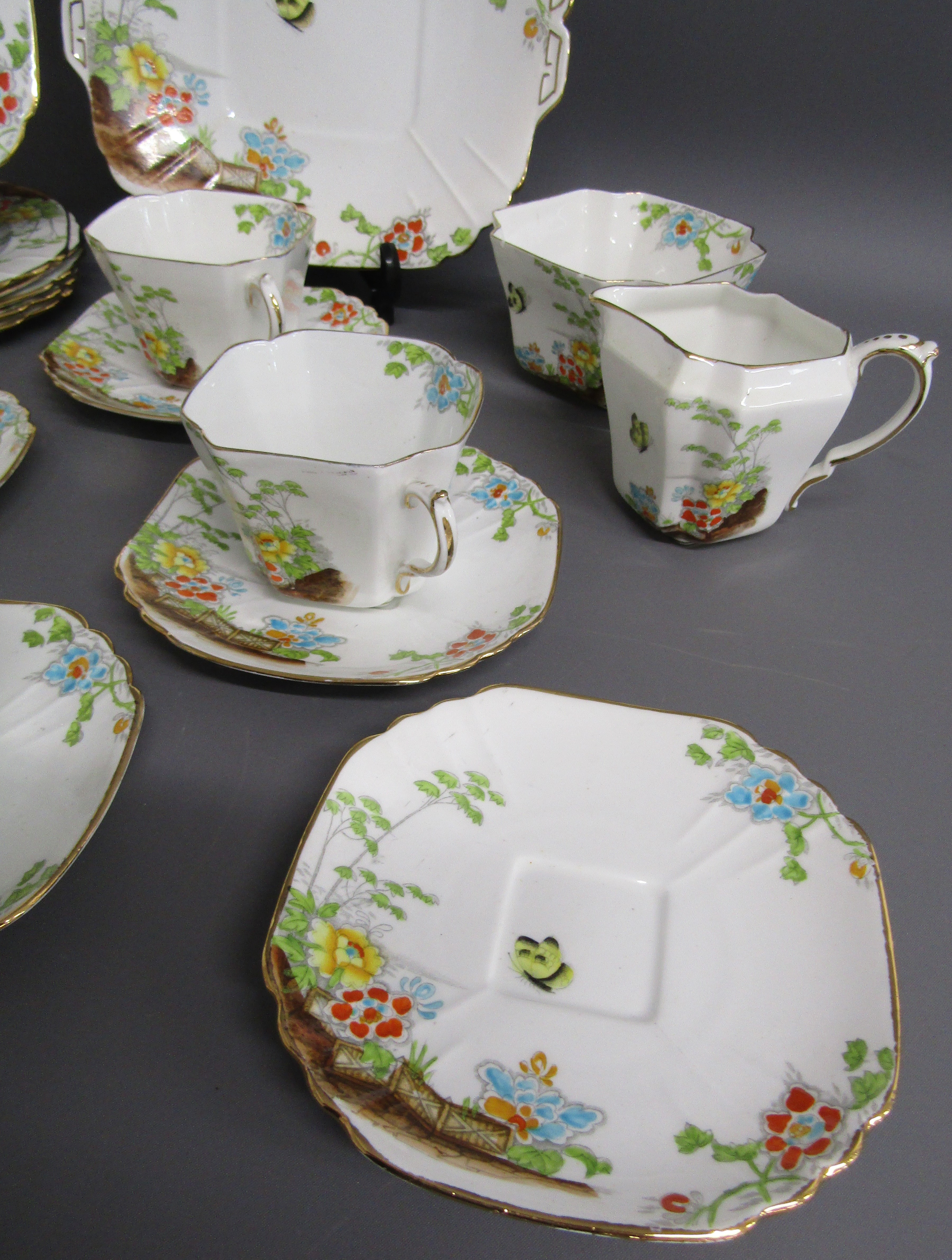 Victoria C & E bone China teacups, saucers, cake plates, side plates (one repaired), sugar bowl - Image 4 of 5