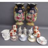 Pair of twin handled mantel vases painted with pink roses, pair of Staffordshire dogs, Made in Japan