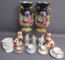 Pair of twin handled mantel vases painted with pink roses, pair of Staffordshire dogs, Made in Japan