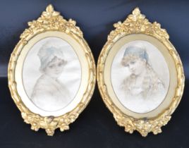 Pair of decoratively framed portraits of young girls on silk 27cm x 18.5cm