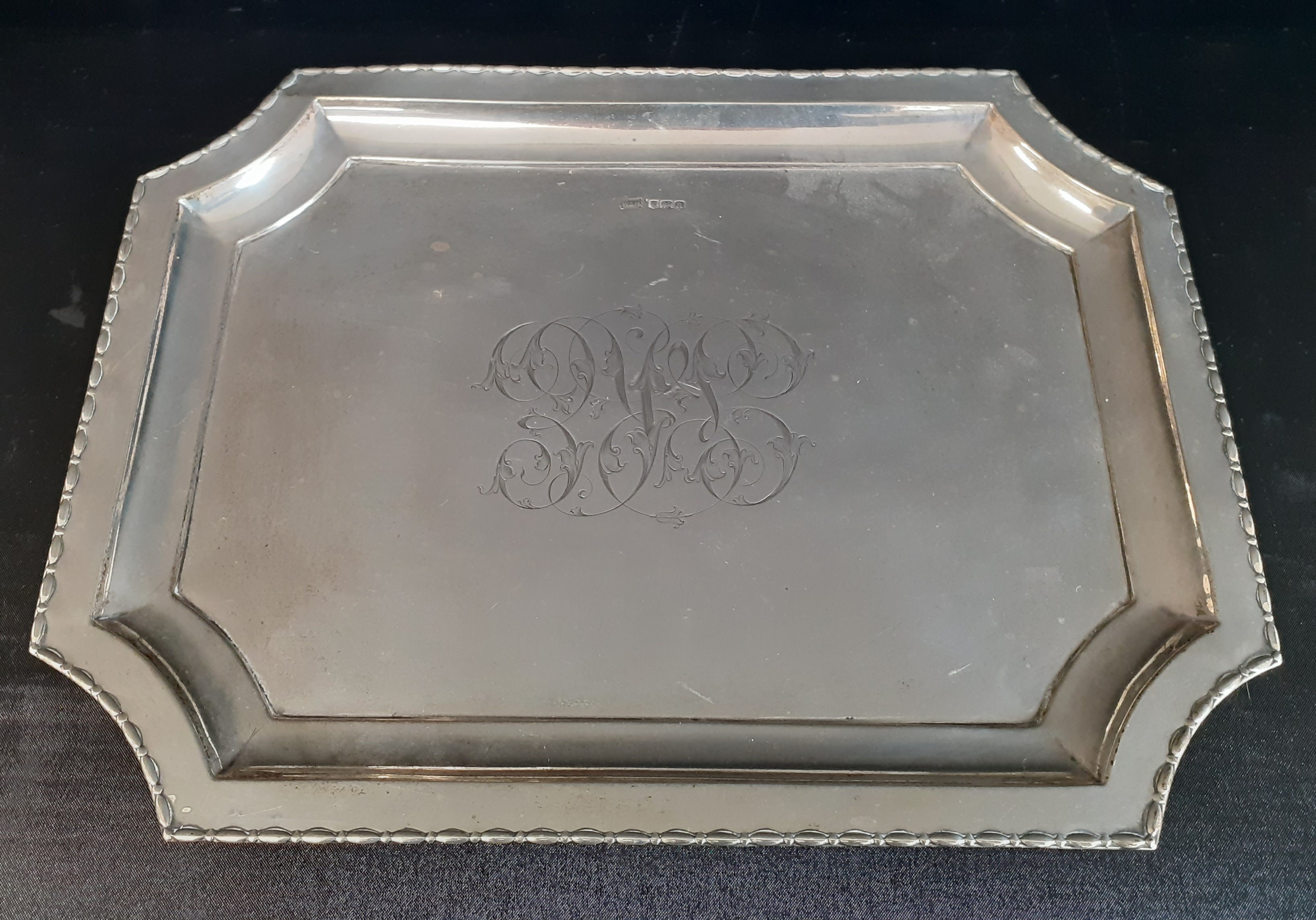 George V silver dressing table tray with engraved initials Walker & Hall, Sheffield 1918, 30cm w,