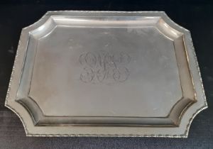 George V silver dressing table tray with engraved initials Walker & Hall, Sheffield 1918, 30cm w,