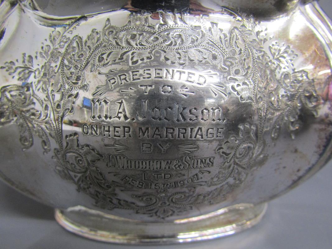 Silver plate includes 1907 wedding presentation hot water pot with ebonised handles, weighted - Image 6 of 11