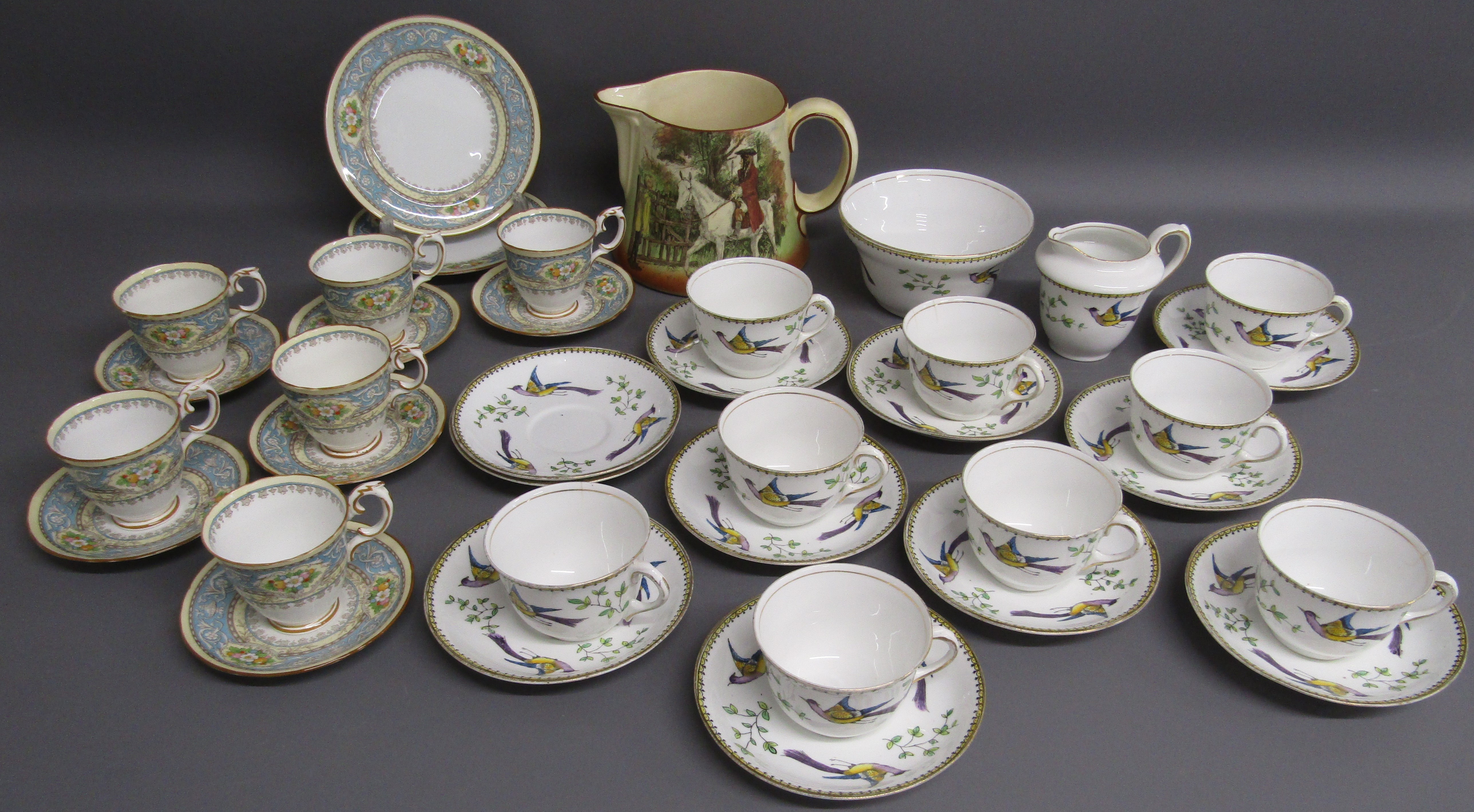 Royal Doulton Sir Roger de Coverley jug, Crown Staffordshire 15646 teacups and saucers along with
