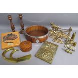 Collection of treen and brass ware includes a piece of Lincoln Cathedral roof, Ryecraft bowl,