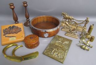 Collection of treen and brass ware includes a piece of Lincoln Cathedral roof, Ryecraft bowl,