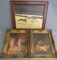 Framed W Hobson oil on canvas depicting greyhound racing, approx. 62.5cm x 52.5cm and 2 gilt