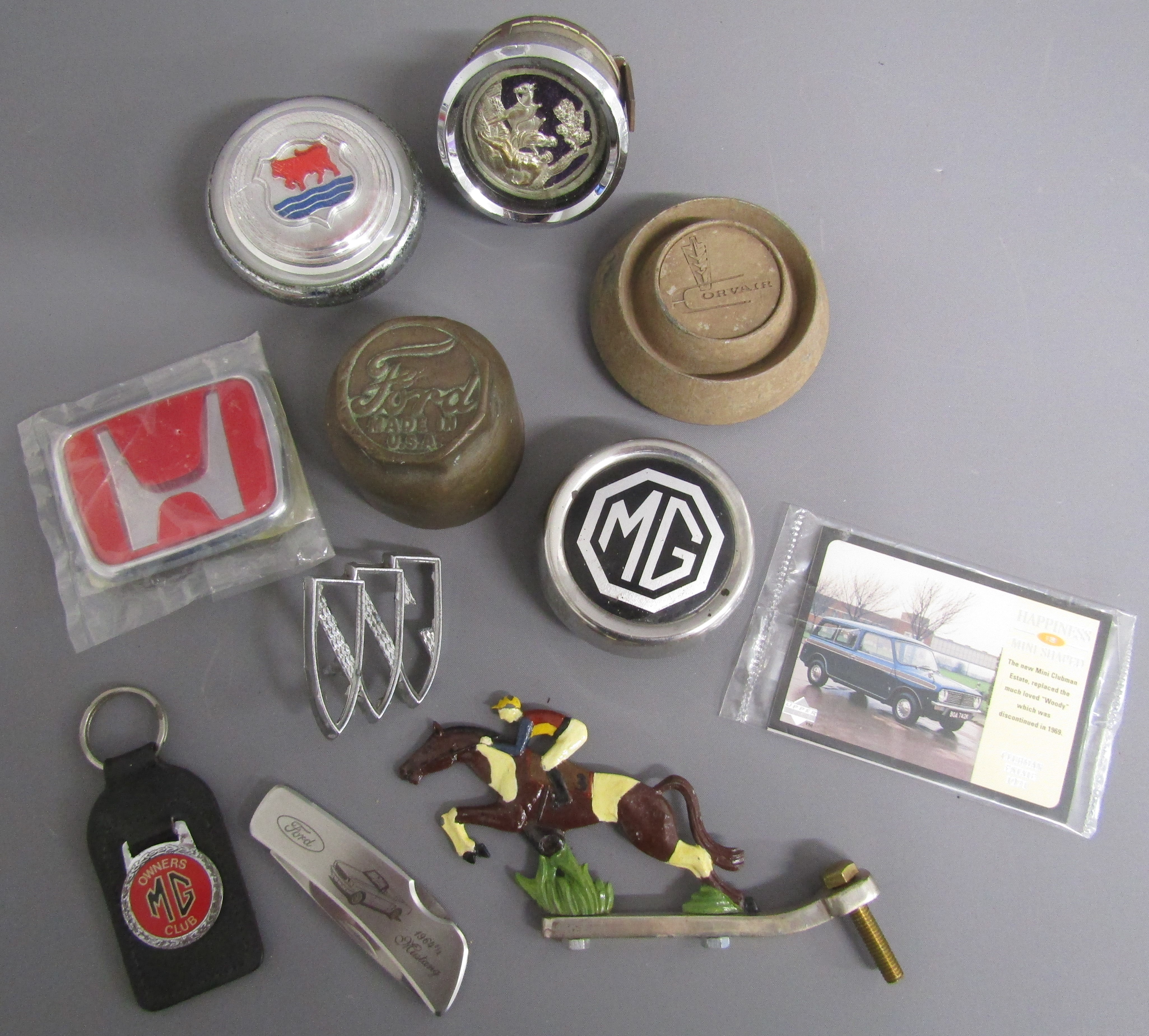 Car collection includes Swallow, Morris Minor and fist car mascots, caps, leaflets, booklets, scarf, - Image 14 of 17