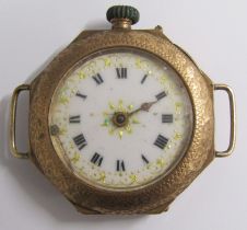 9ct gold wristwatch / fob watch with decorated face, decorated case with painted flowers to rear -