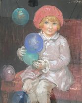 Framed pastel portrait of a young girl with balloons by Gertrude Des Clayes 170cm by 240cm