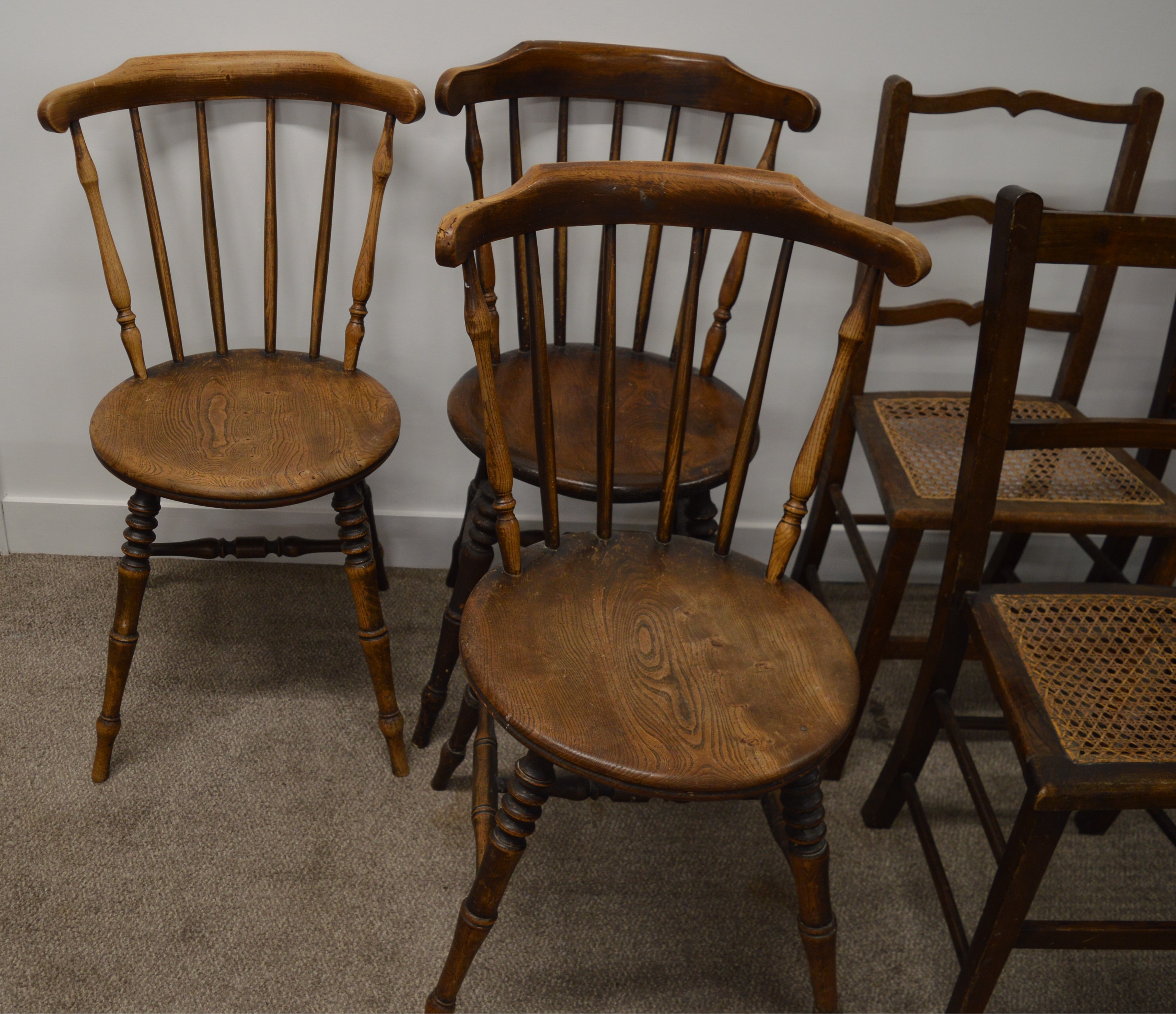 3 bedroom chairs (HT85cm W39cm) and 3 late 19th early 20th century spindle back kitchen chairs ( - Image 2 of 3