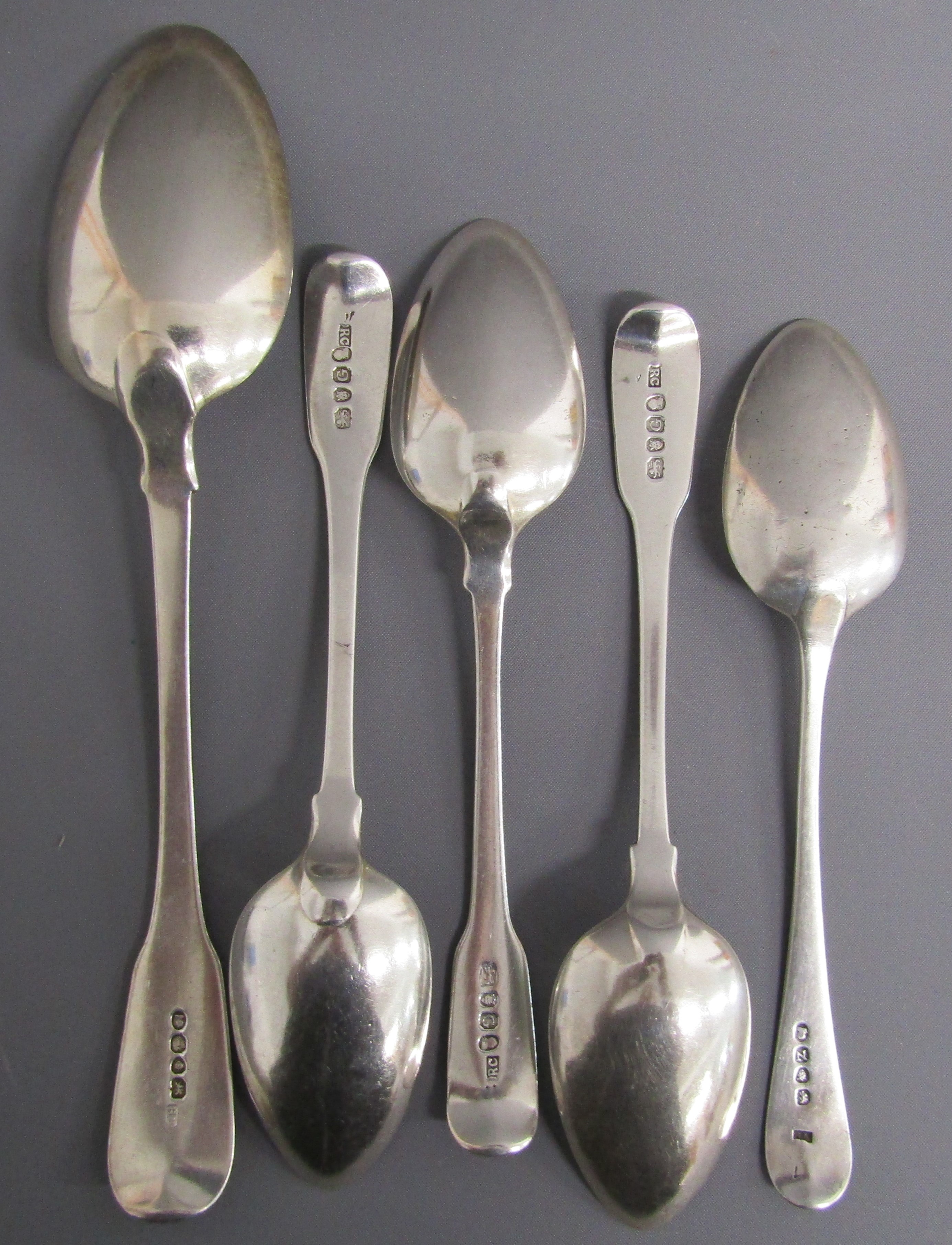 5 silver spoons - possibly Richard Britton London 1824 serving spoon, possibly Stephen Adams - Image 2 of 5