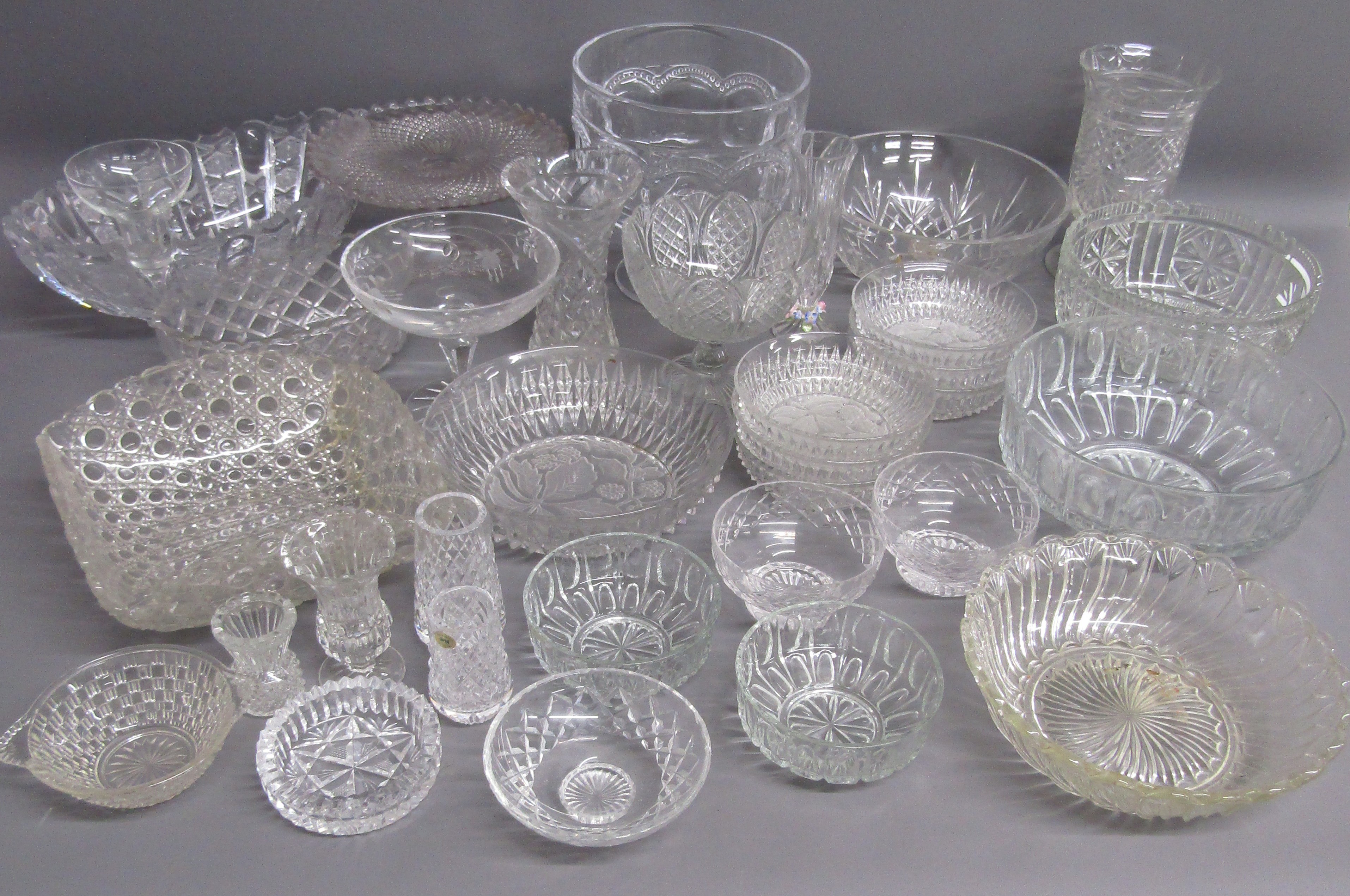 Collection of crystal and glassware, bowls, fruit set, cake stand, trifle dish, celery vase, etc