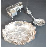 19th century silver twin handled dish with embossed bird & flower decoration, bearing 930 mark and
