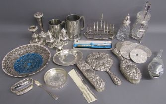 Silver plate includes toast rack, pickle jar with fork, cosmic pickle fork, coasters, glass dish