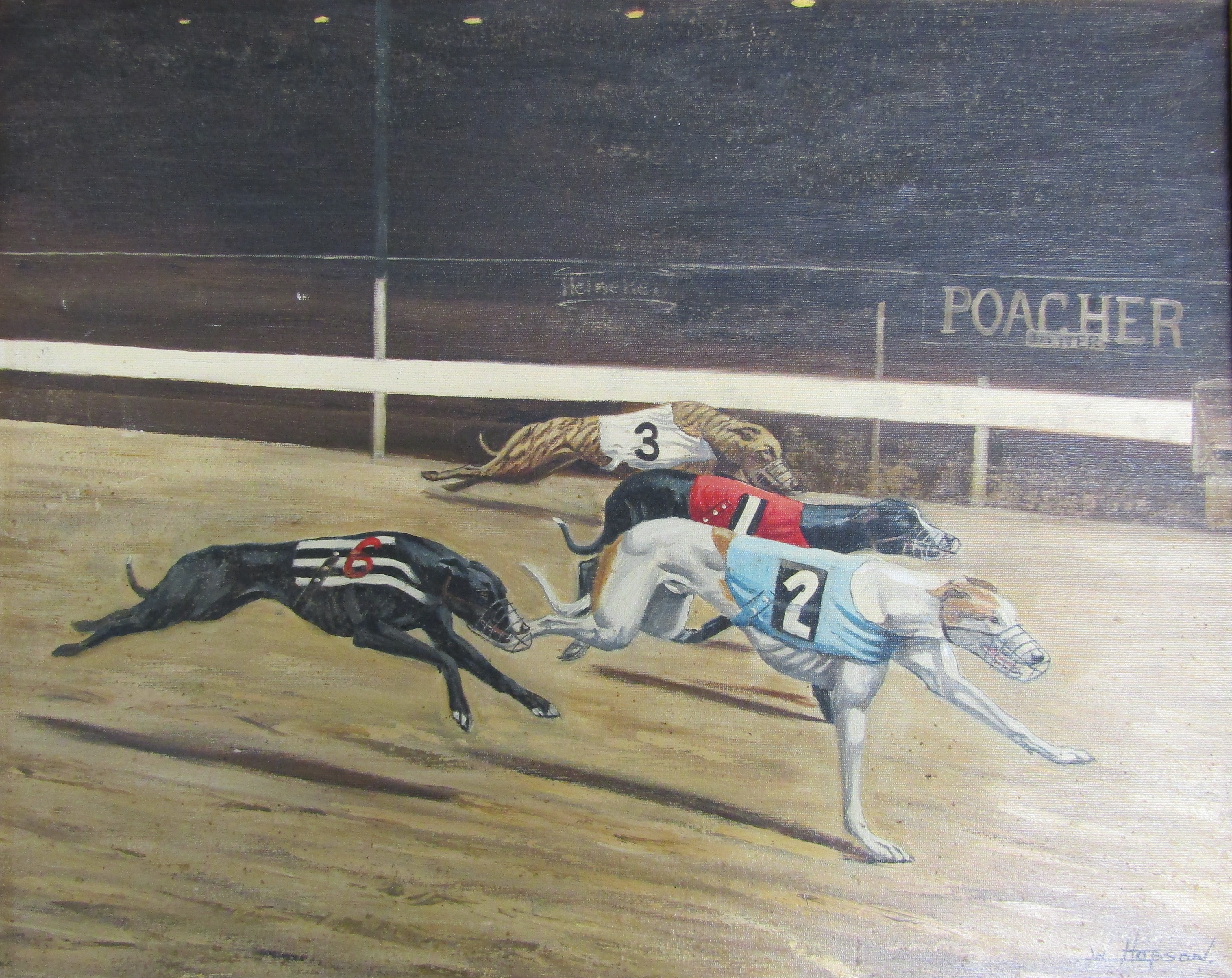 Framed W Hobson oil on canvas depicting greyhound racing, approx. 62.5cm x 52.5cm and 2 gilt - Image 4 of 7