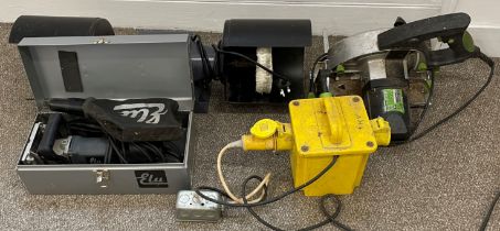 Double bench polisher, Elu biscuit jointer, Evolution Furry circular saw & a power pack