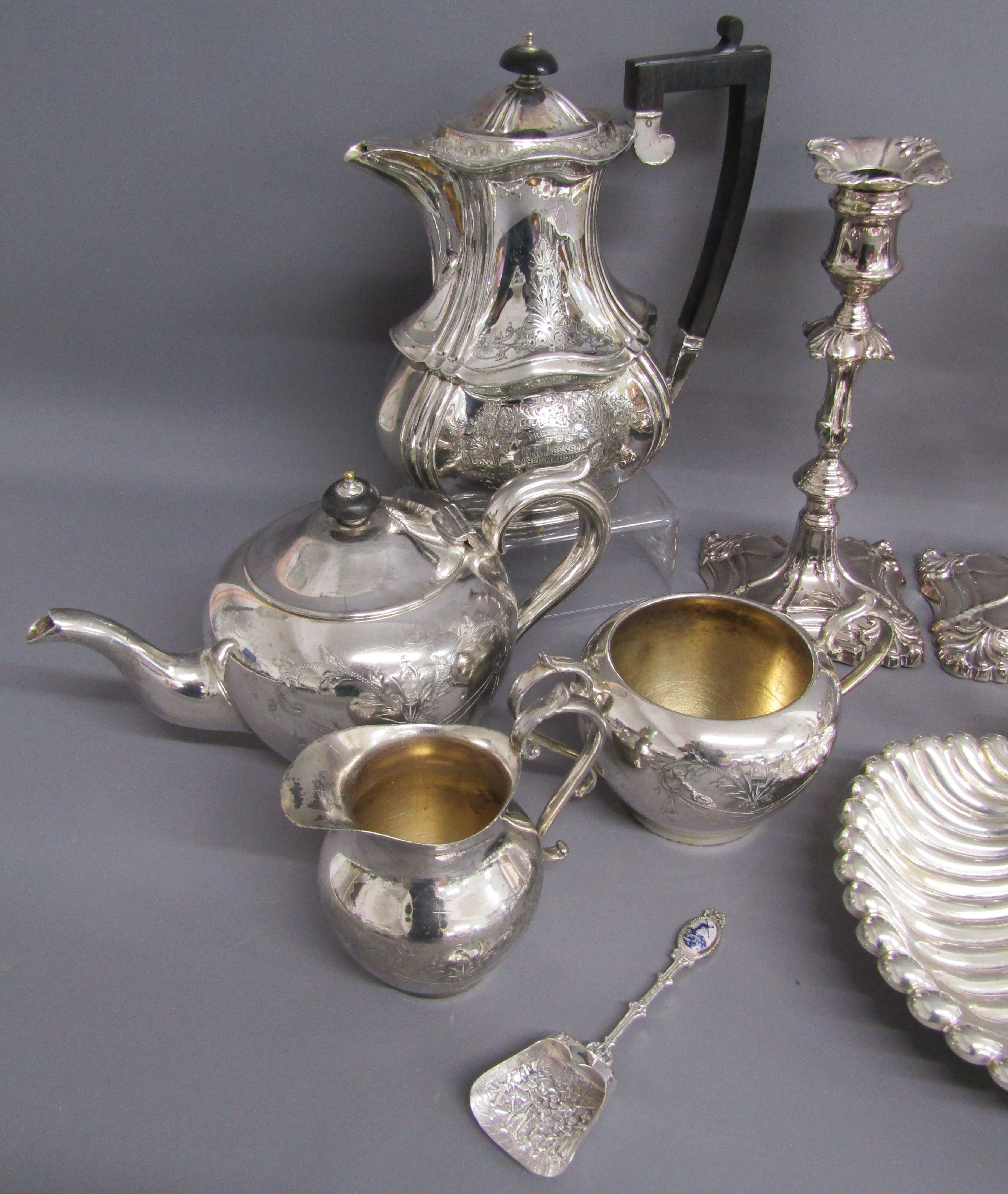 Silver plate includes 1907 wedding presentation hot water pot with ebonised handles, weighted - Image 2 of 11