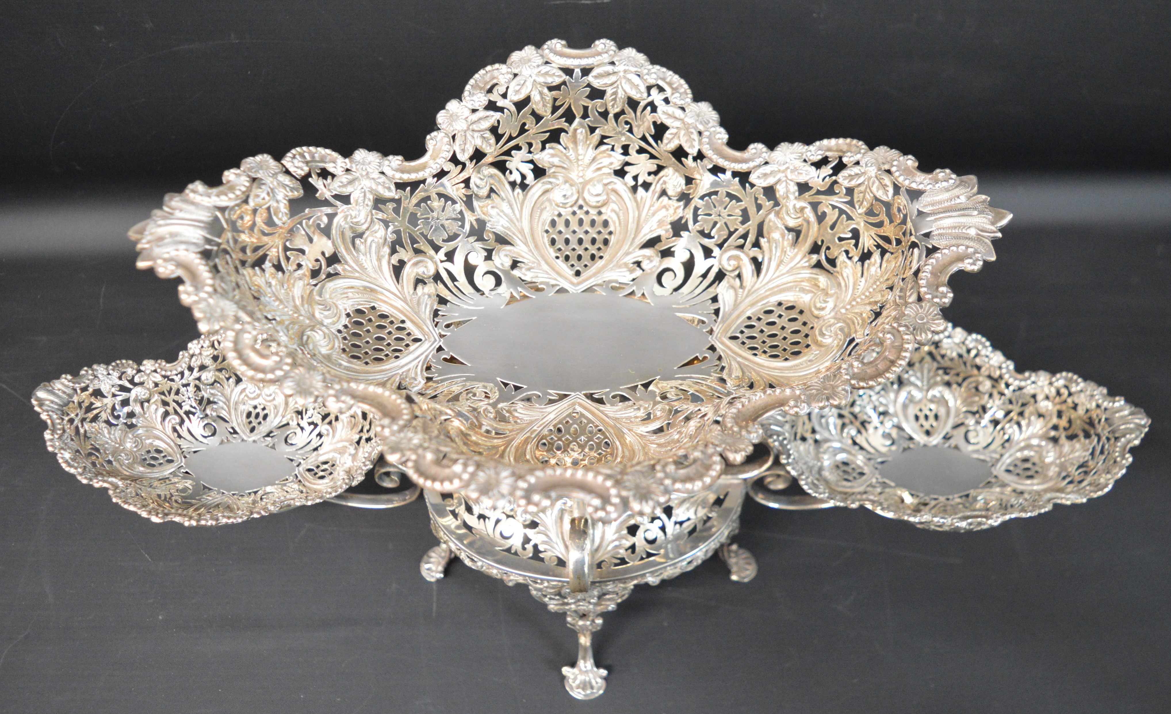 Impressive Victorian/Edwardian silver centrepiece, comprising one large and two smaller fret cut - Image 2 of 6
