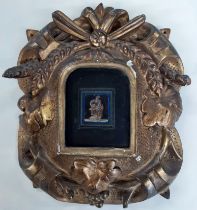 Small micro mosaic tablet set in a black marble slab, in decorative gilt wood frame, 17cm x 21cm