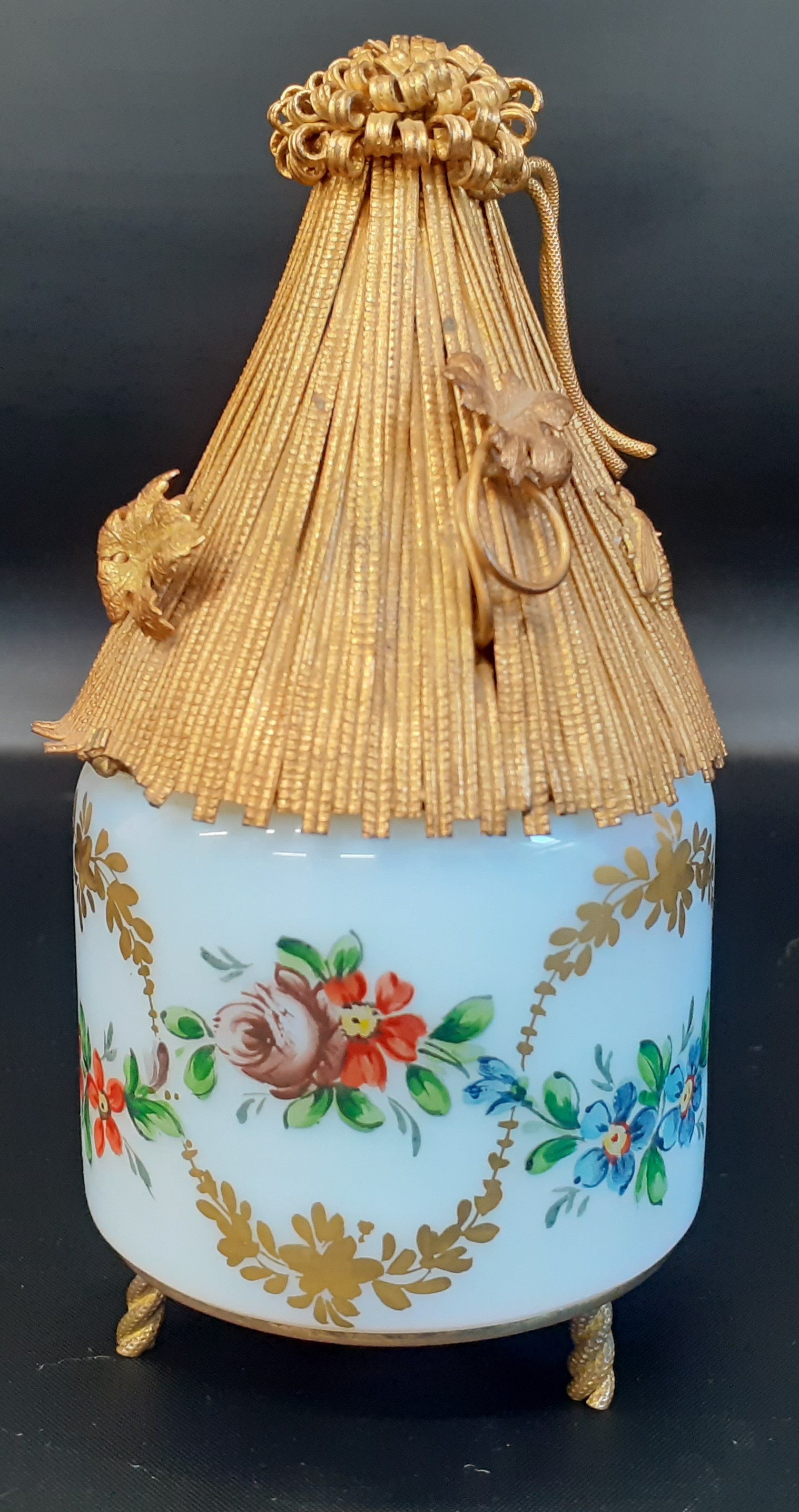 French table lighter with decorative gilt metal lid & opaline glass base 13cm tall