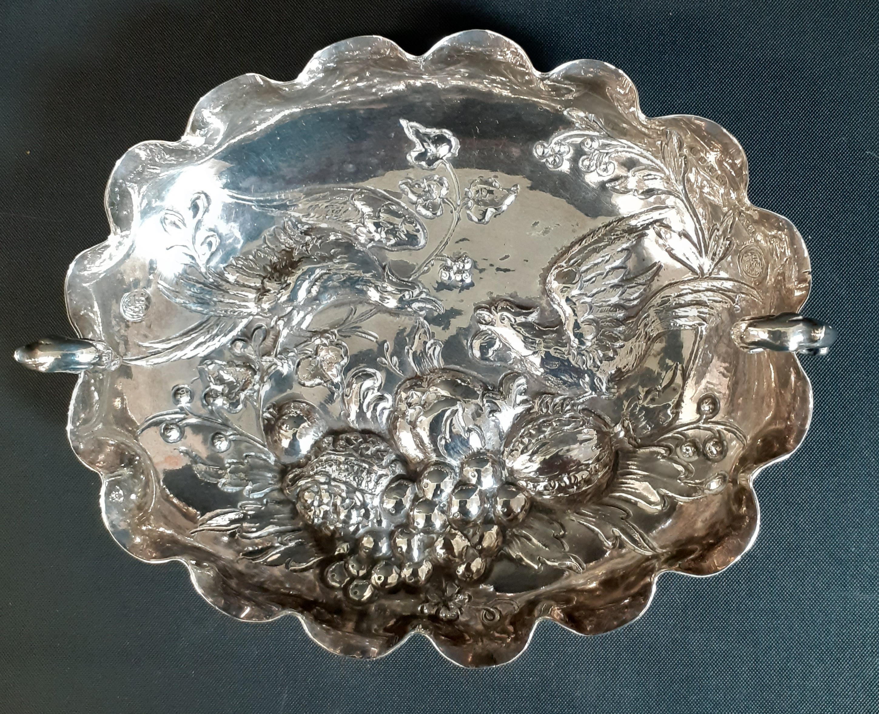 19th century silver twin handled dish with embossed bird & flower decoration, bearing 930 mark and - Image 2 of 5