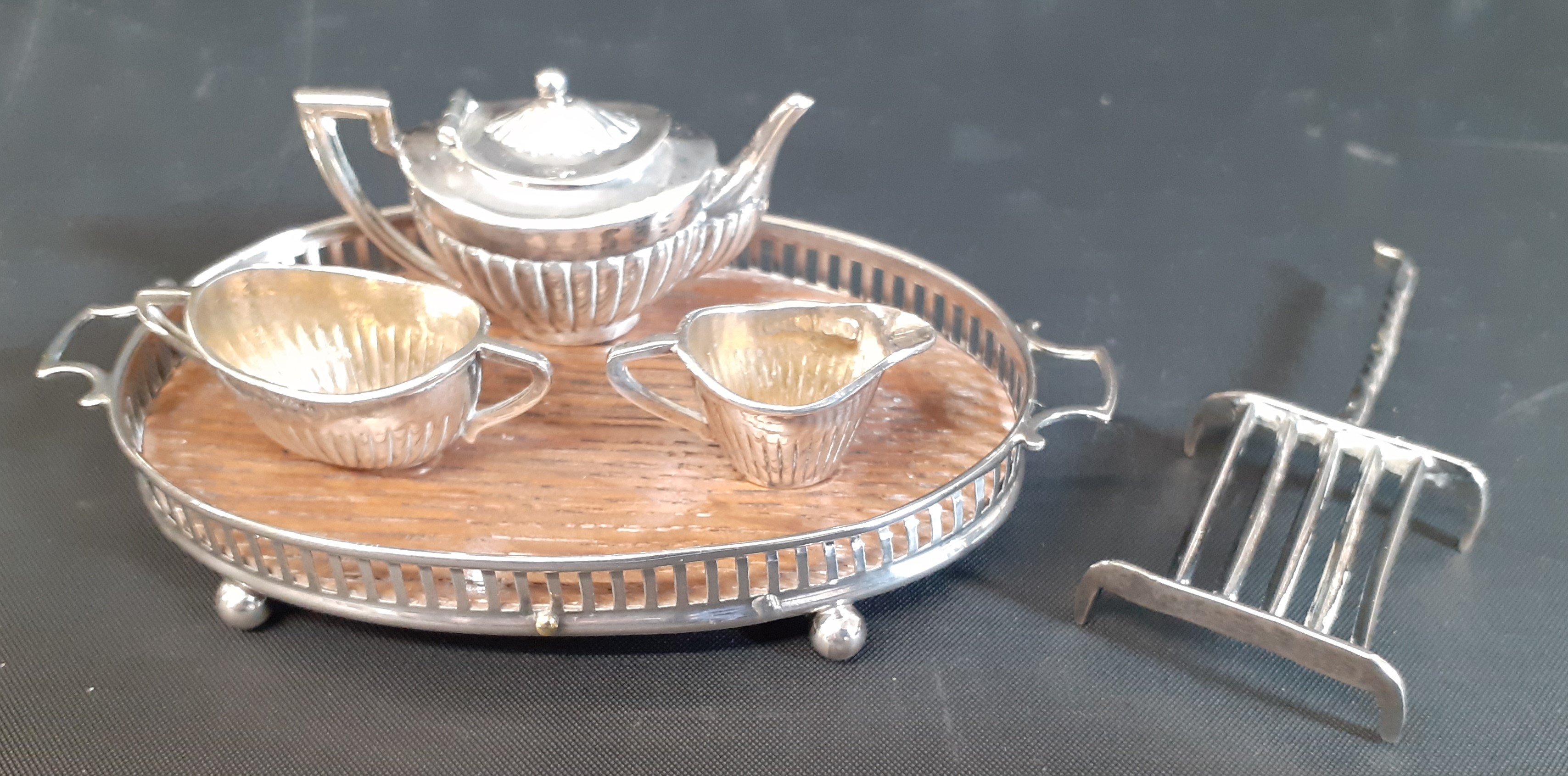 Edwardian miniature silver three piece tea set and tray, by Levi & Salaman, Birmingham 1905 &