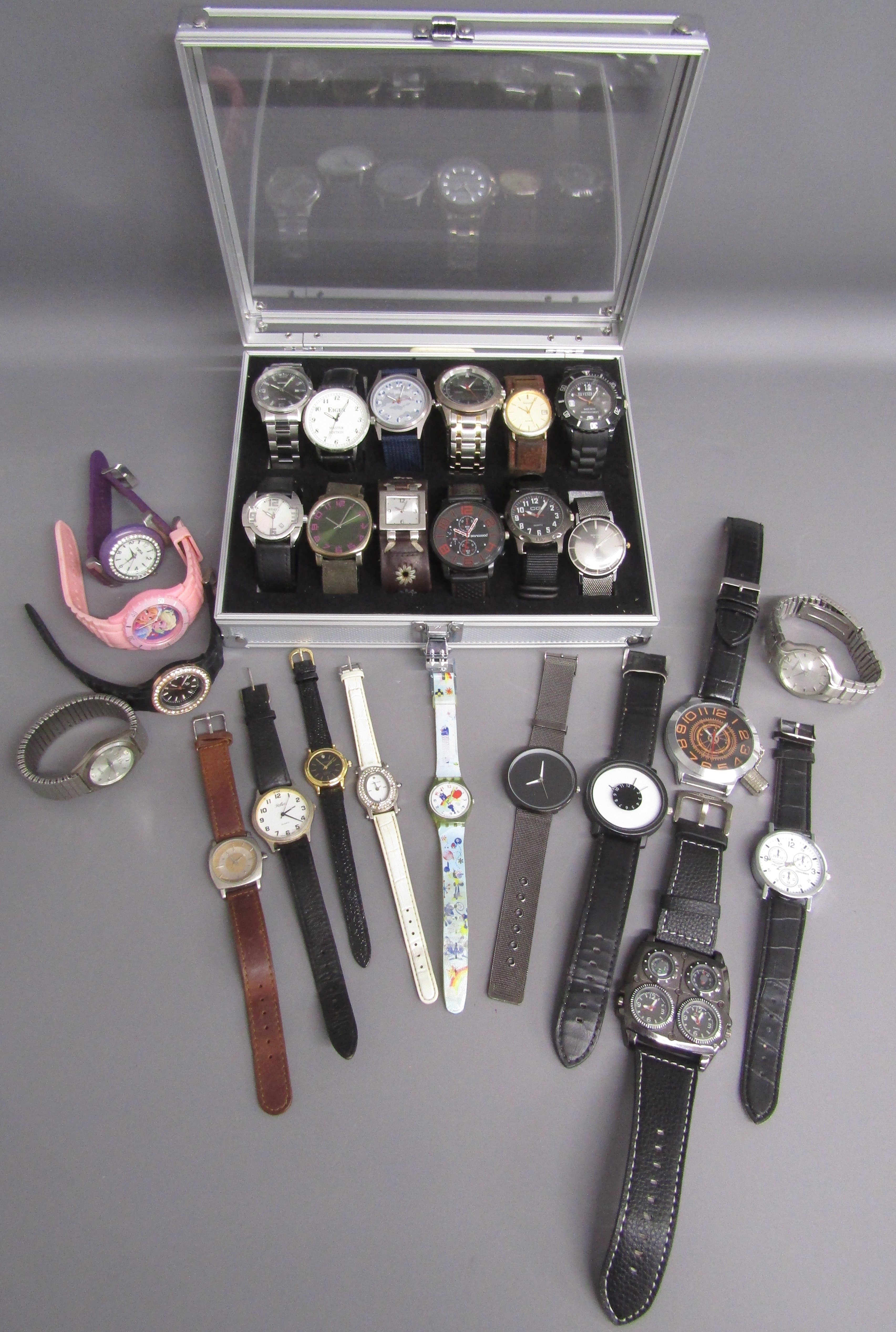 Cased collection of 12 watches includes Sekonda, Eiger, digital chronograph watch, Accurist,