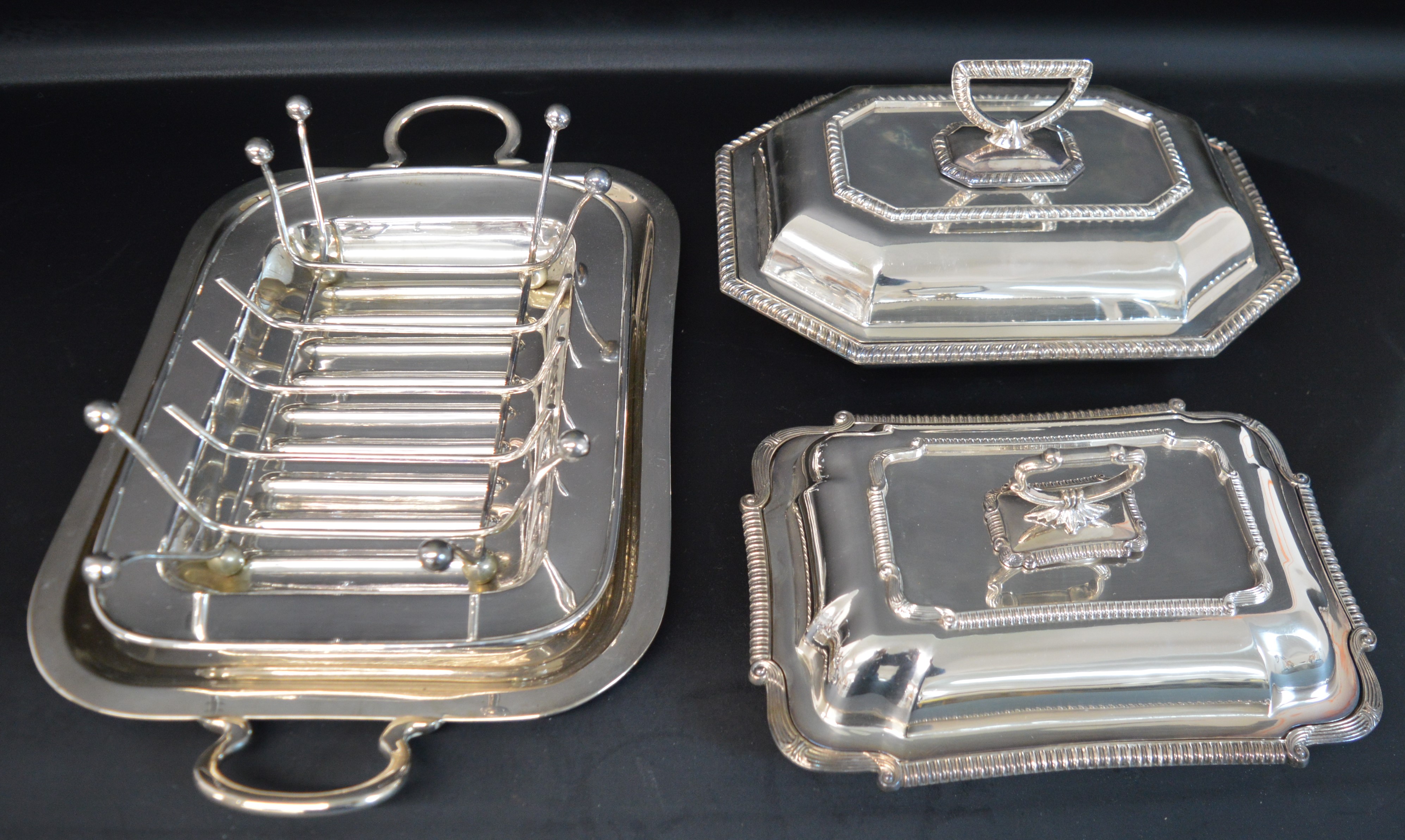 Two antique silver plated entrée dishes (1 x Mappin & Webb), joint of meat carving stand & twin