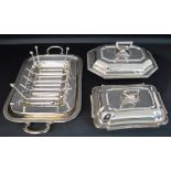 Two antique silver plated entrée dishes (1 x Mappin & Webb), joint of meat carving stand & twin