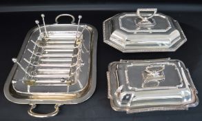 Two antique silver plated entrée dishes (1 x Mappin & Webb), joint of meat carving stand & twin