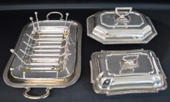 Two antique silver plated entrée dishes (1 x Mappin & Webb), joint of meat carving stand & twin