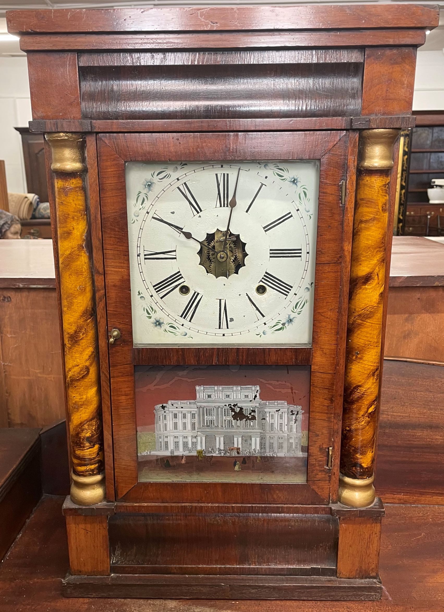 Late 19th century Empire style split column wall clock by E N Welch of America with 8 day spring