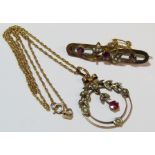 9ct seed pearl and garnet pendant on a 9ct chain and 9ct brooch set with seed pearls and garnet -