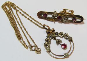 9ct seed pearl and garnet pendant on a 9ct chain and 9ct brooch set with seed pearls and garnet -
