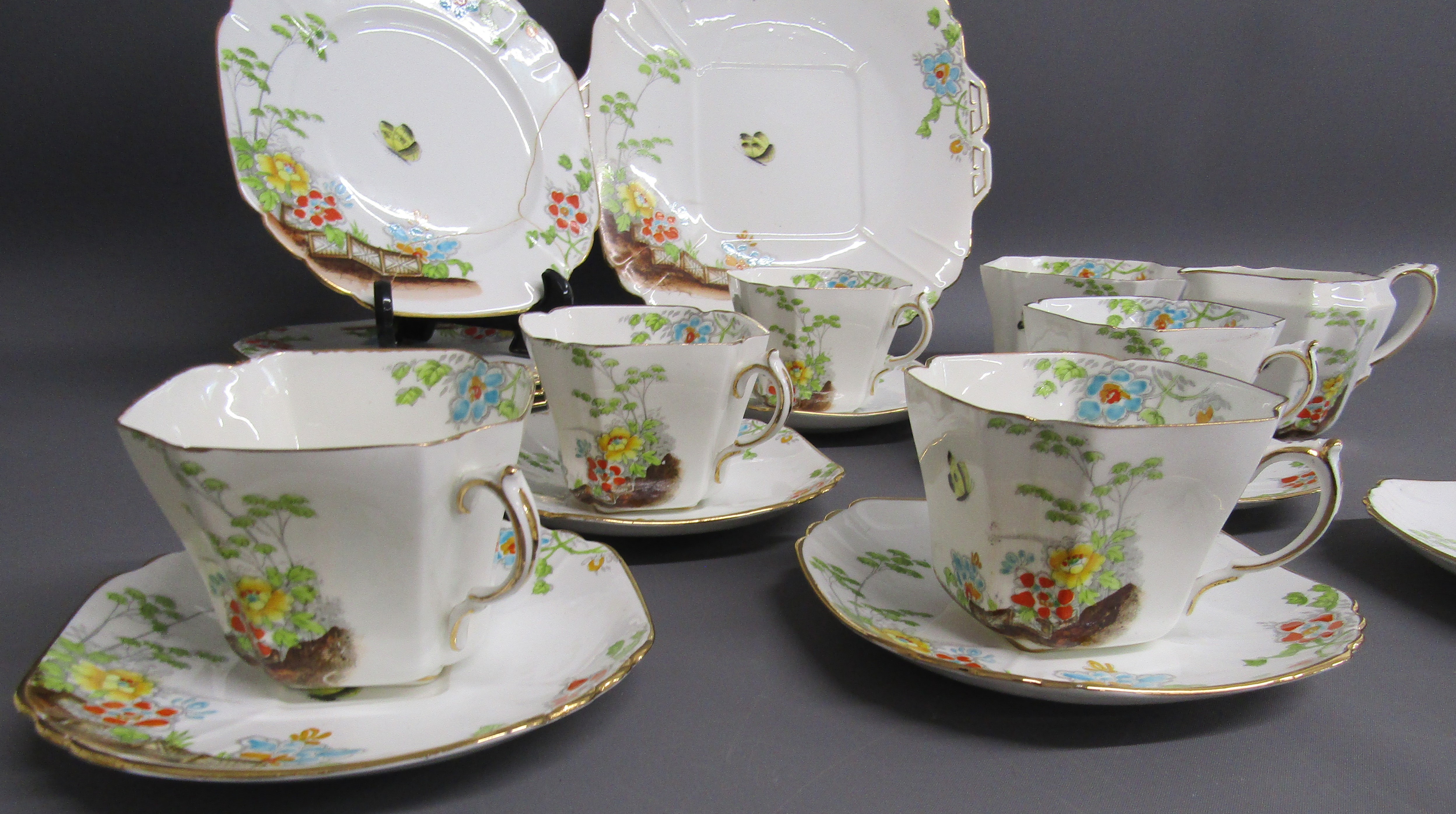 Victoria C & E bone China teacups, saucers, cake plates, side plates (one repaired), sugar bowl - Image 2 of 5