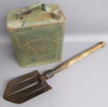 Green Esso petrol can with brass screw cap and WWII folding trench spade