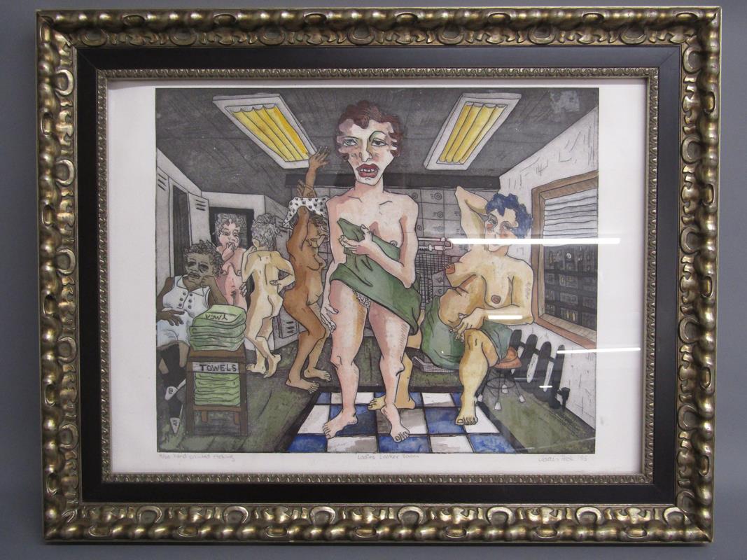 Framed Adair Peck 'Ladies Locker Room' limited edition hand painted etching 3/30 - approx. 63cm x - Image 2 of 6